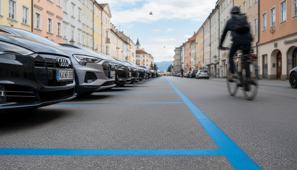 Parkstreifen mit blauen Bodenmarkierungen